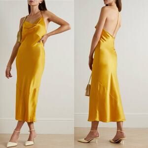 Reformation Torin Silk Dress L Turmeric Bias Cut Midi